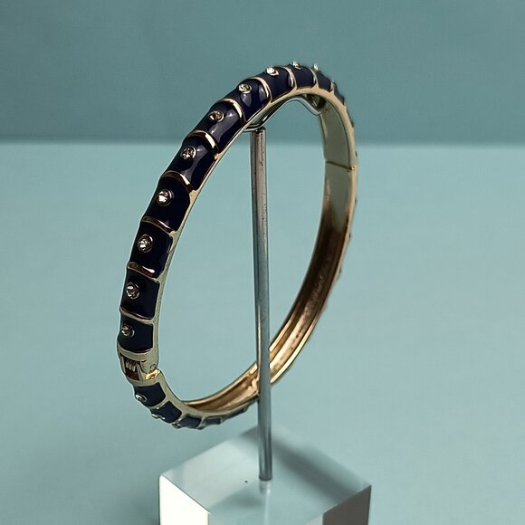 NORDSTROM Sequin Enamel Hinge Bangle Bracelet Clamper Navy Gold Tone Rhinestone - Picture 1 of 5